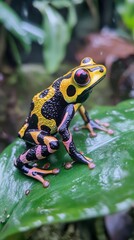 Fototapeta premium Vibrant Tropical Frog Perched on Rainforest Leaf, Close-Up of Colorful Amphibian in Jungle, Exotic Wildlife Photography, 