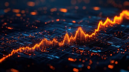 Abstract financial data visualization; glowing orange line graph on dark blue grid.