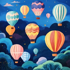 Naklejka premium Colorful hot air balloons float serenely in a night sky filled with stars above lush green hills