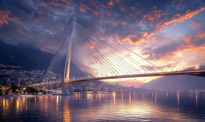 Obraz premium Cable-stayed bridge sunset city coastal landscape