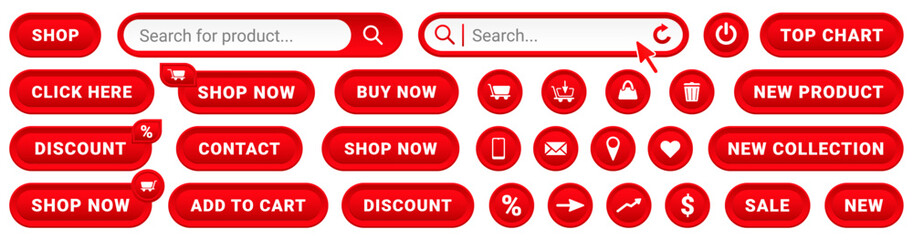 UI button icon set for online shop or store shopping user interface. Buy now, click here, add to cart, search bar etc