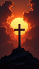 A powerful image featuring a cross silhouetted against an intense sunset with dramatic clouds.