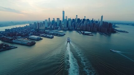 Fototapeta premium Aerial view of Manhattan skyline at sunset, ferry boat on water.
