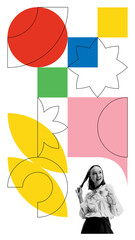 Woman in vintage-style clothing holding coffee cup, surrounded by colorful geometric speech bubbles, symbolizing creativity, storytelling, branding, engaging online content. Abstarct art collage