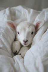 Adorable, fluffy baby lamb on a bed with white linen sheets. Cute and funny animal wallpaper