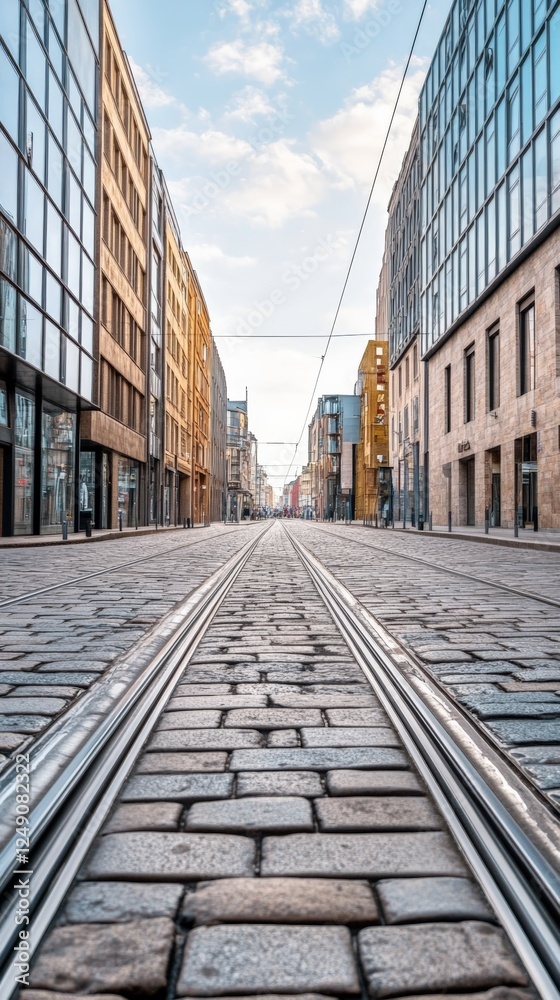 Aufkleber Low angle view of empty cobblestone street with tram rails in city center, modern buildings lining both sides under a cloudy sky, creating urban perspective
