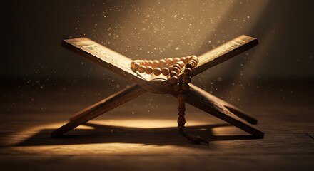 Quran and Tasbih on Wooden Stand - Islamic Holy Book