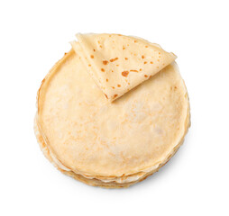 Stack of delicious crepes isolated on white, top view