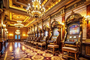 Luxurious Golden Slot Machine with Triple Seven Jackpot - Casino Interior Architectural Photography