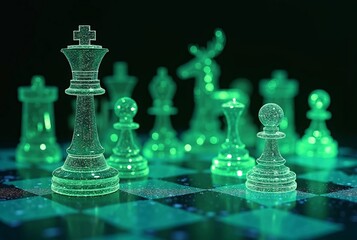 Glowing Transparent Chess Pieces on a Dark Board Background