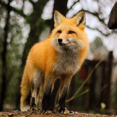 Fototapeta premium Vibrant Red Fox: Striking red fox standing alert in a natural setting, its fur glowing against the dim forest backdrop. 