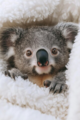 Cute baby koala peeking out of soft and fluffy white blanket. Cute animal wallpaper