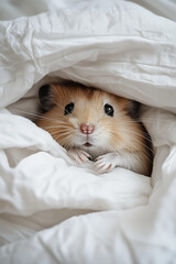 Cute hamster peeking out from under the white duvet. Cute pet wallpaper