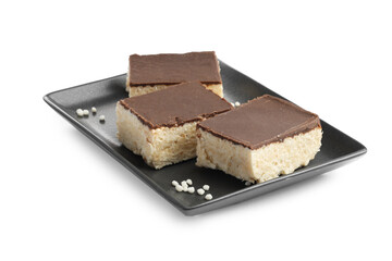 Delicious chocolate puffed rice bars isolated on white