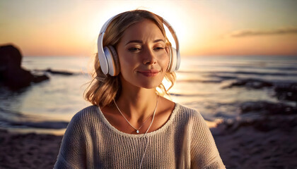 An young woman in a calm, peaceful setting with headphones on, using mindfulness techniques to focus, showing strategies for managing ADHD symptoms