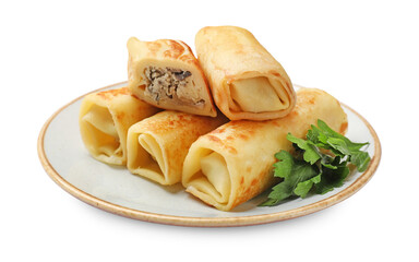 Delicious rolled crepes with mushrooms and parsley isolated on white
