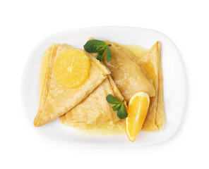 Delicious Crepes Suzette dessert isolated on white, top view
