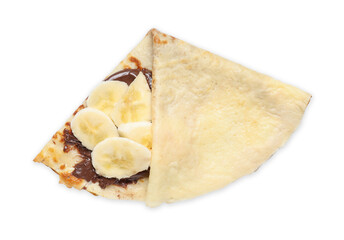 Delicious crepe with chocolate sauce and banana isolated on white, top view