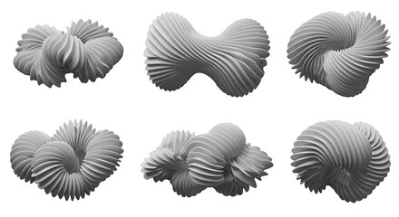 Different futuristic organic ribbed 3D shapes set. Distorted corrugated shapes trendy 3D elements.