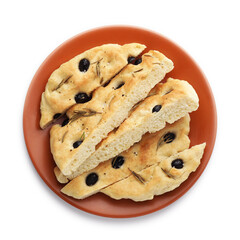 Slices of delicious focaccia bread with olives and rosemary isolated on white, top view