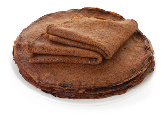 Stack of delicious chocolate crepes isolated on white