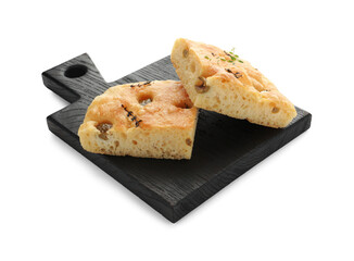 Pieces of delicious focaccia bread with olives and thyme isolated on white