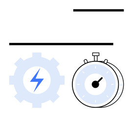 Gear with lightning bolt symbolizes energy and processes alongside a stopwatch for time measurement. Ideal for productivity, efficiency, optimization, speed, planning, automation, abstract line flat