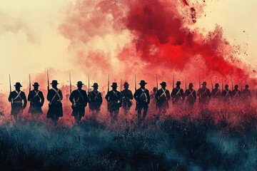 Fototapeta premium Silhouetted Soldiers Marching Through A Colorful Smoky Backdrop, Creating A Dramatic And Historical Atmosphere.