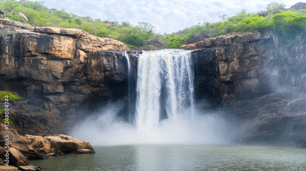 Poster water plunges from a cliff top, creating a misty spectacle as it crashes into the pool below, surrou