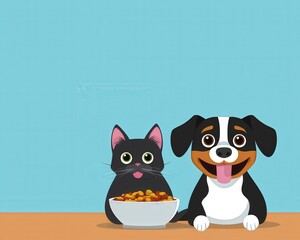 Obraz premium Illustration of a cute dog and cat sharing a food bowl together