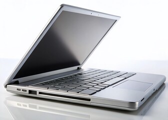 Macro Close-up of Open Gray and Silver Laptop, Isolated on White Background