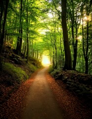 Obraz premium Enchanted Forest Path – A magical, glowing woodland scene