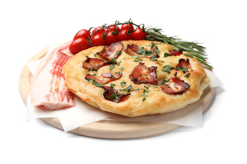 Delicious focaccia bread with bacon, parsley, tomatoes and rosemary isolated on white