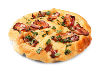 Delicious focaccia bread with bacon and parsley isolated on white