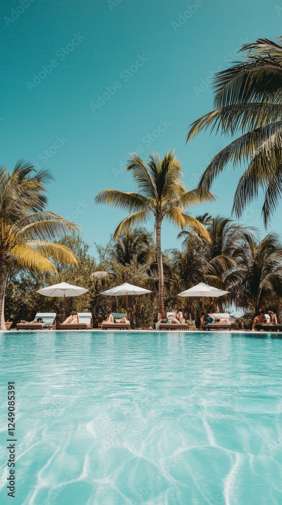 Poster tourists are enjoying a sunny day, lying on deck chairs by a beautiful swimming pool surrounded by p