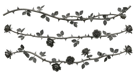 Silver metal rose vines with sharp thorns. Gothic prickly vine elements isolated

