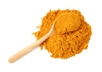 Turmeric powder and spoon isolated on white, top view