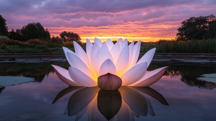 Manifest and creation concept, A serene white lotus flower illuminated at sunset, floating on a tranquil body of water, surrounded by a colorful sky.