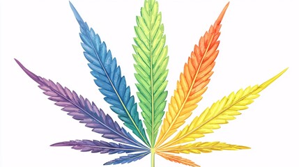 single cannabis leaf, painted in rainbow colors, isolated against a pure white backdrop, symbolizing freedom and the beauty of diversity. Rainbow cannabis leaf.isolate on white background.Illustration