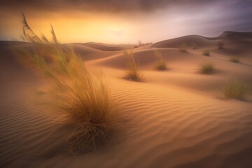 Dramatic sunset over wind-swept sand dunes with sparse grass in a tranquil desert landscape