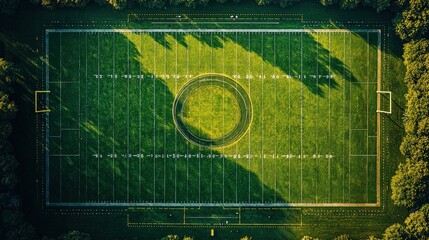 Center circle on a vibrant football field, aerial view