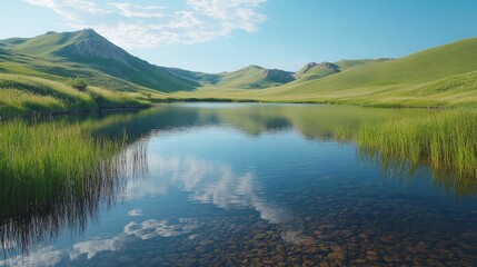 Naklejka premium A serene mountain lake with crystal-clear water reflecting the surrounding green hills 