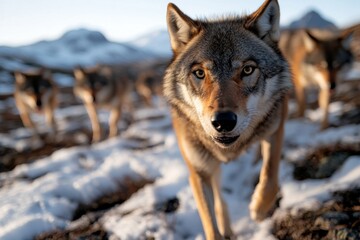 Fototapeta premium A captivating close-up of a wolf amidst its natural habitat, highlighting its expressive eyes and detailed fur against a beautifully blurred winter landscape background.