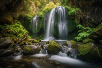 Fototapeta premium Waterfall cascading over mossy rocks in a lush green forest during early morning light