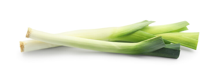 Fresh leeks isolated on white. Spicy vegetable