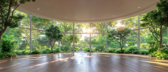 Serene yoga studio with natural bamboo flooring and panoramic garden views