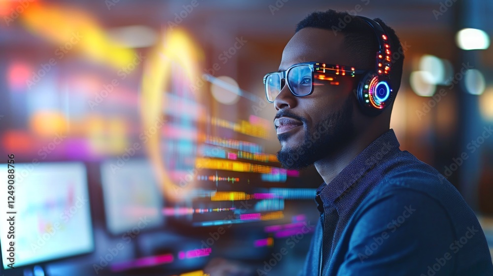 Wall mural man wearing headphones engaged in creative computer work with colorful data visualizations