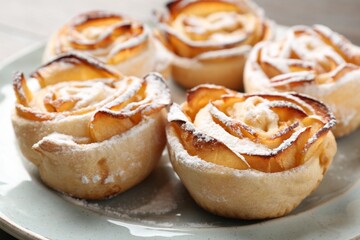 Freshly baked apple roses on plate, closeup