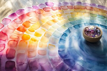 Colorful watercolor spiral with a bowl of crystals placed in the center during a serene creative session