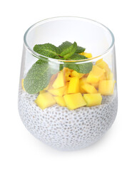 Delicious chia pudding with mango and mint in glass isolated on white